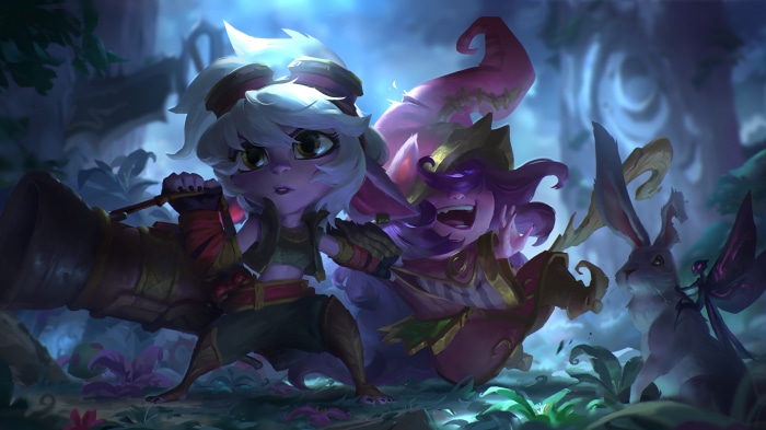Tristana and Lulu from League of Legends in a forest