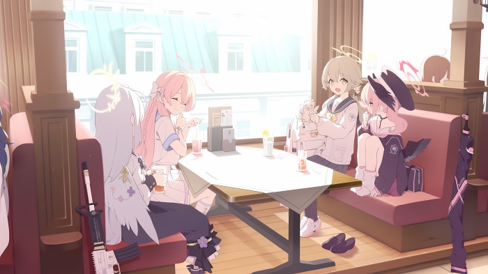 Blue Archive characters Urawa Hanako, Ajitani Hifumi, Shirasu Azusa, Shimoe Koharu at cafe