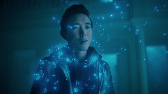 Ben Hargreeves from The Umbrella Academy surrounded by blue particles