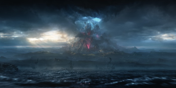 Volcanic mountain erupting under stormy skies