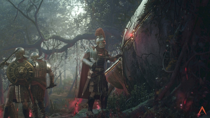 Roman soldiers examining a strange object in a forest