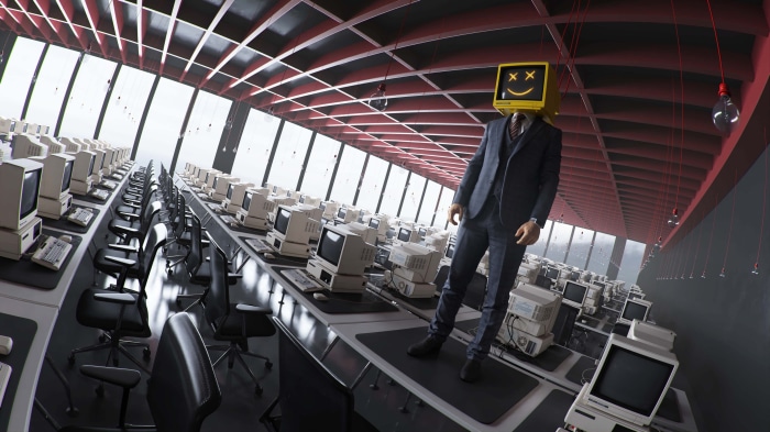 Man with computer head in server room 4K