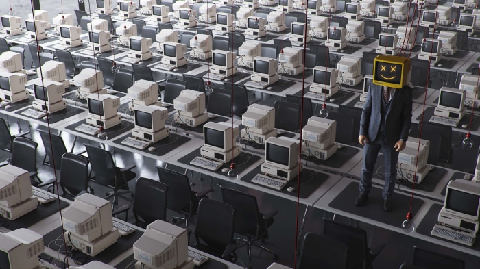 Man with computer monitor head in server room 4K