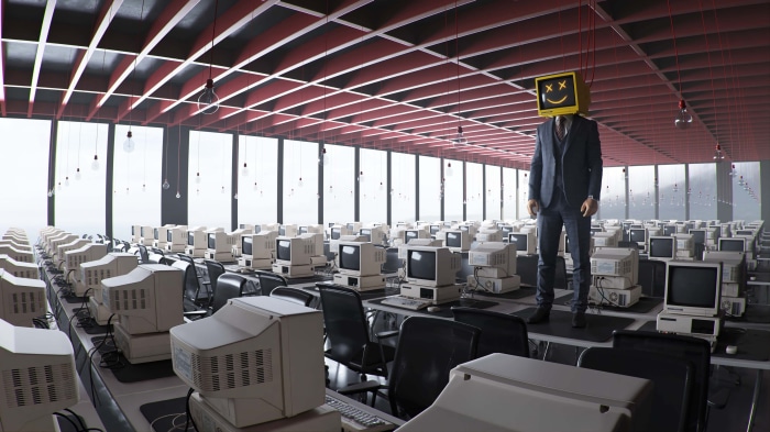 Man with computer monitor head in server room