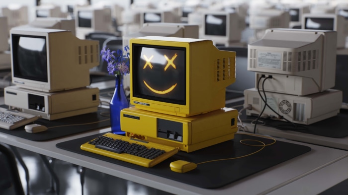 Retro computers with smiley face on screen 4K