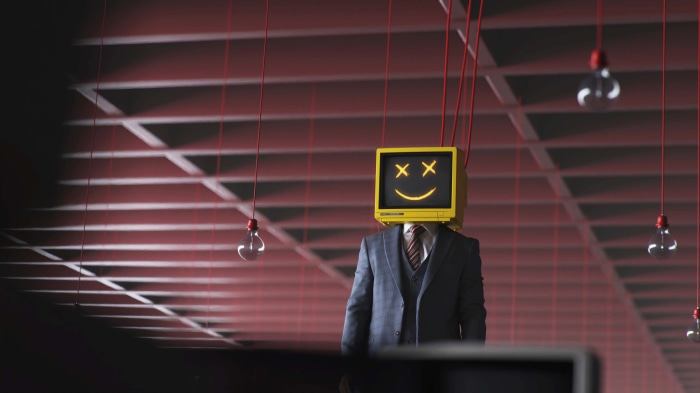 Man with computer head and smiley face in 4K