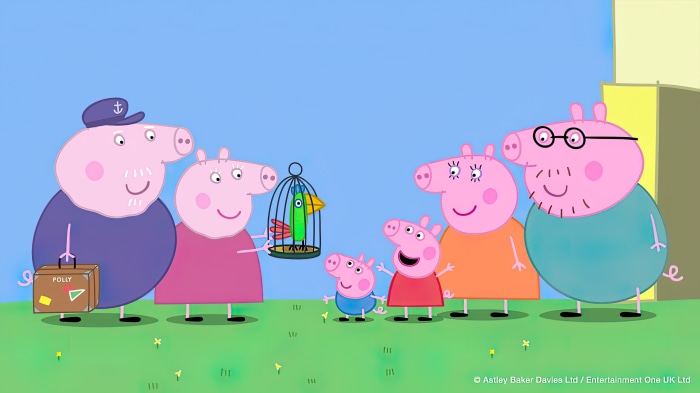 Peppa Pig characters with a parrot in a cage