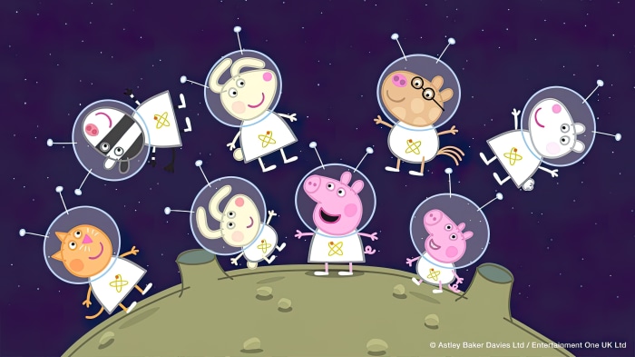 Peppa Pig characters in space suits on the moon
