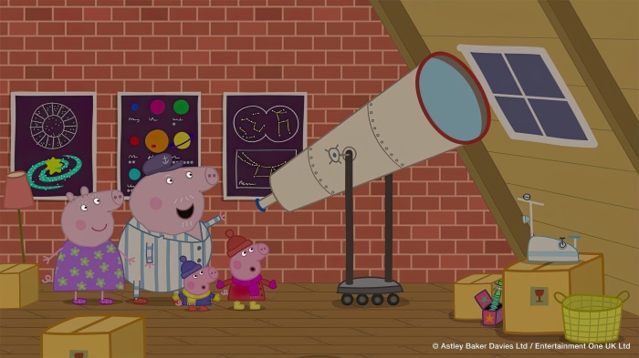 Peppa Pig characters in an attic with a telescope