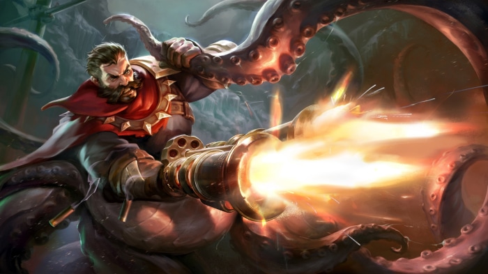Graves from League of Legends firing a gun