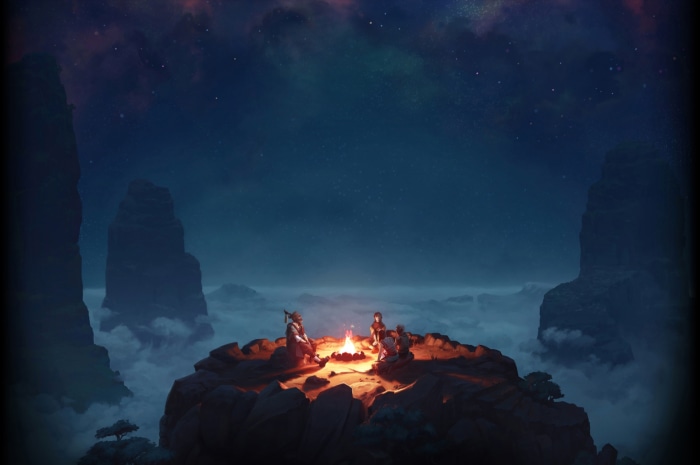 League of Legends characters around a campfire
