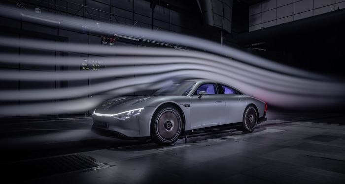 Mercedes-Benz Vision EQXX electric car in wind tunnel