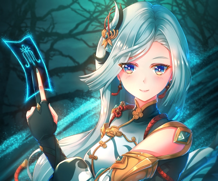 Shenhe from Genshin Impact holding a glowing talisman