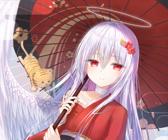 Anime girl with red eyes and tiger on umbrella