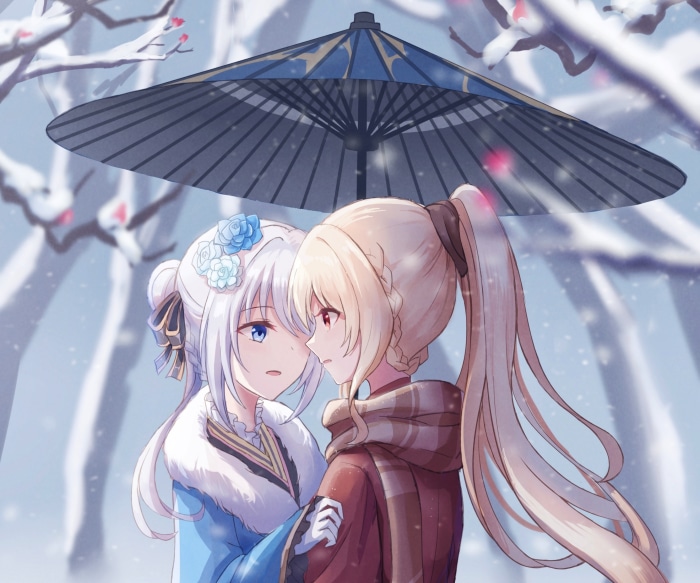 Momoko Togame and Mitama Yakumo under an umbrella in snow