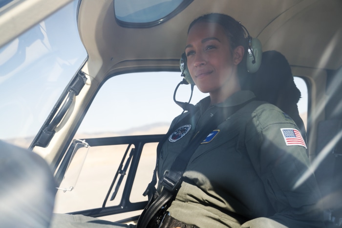 Tawny Newsome in a helicopter
