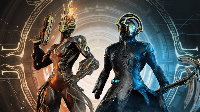 Two Warframe characters with glowing accents