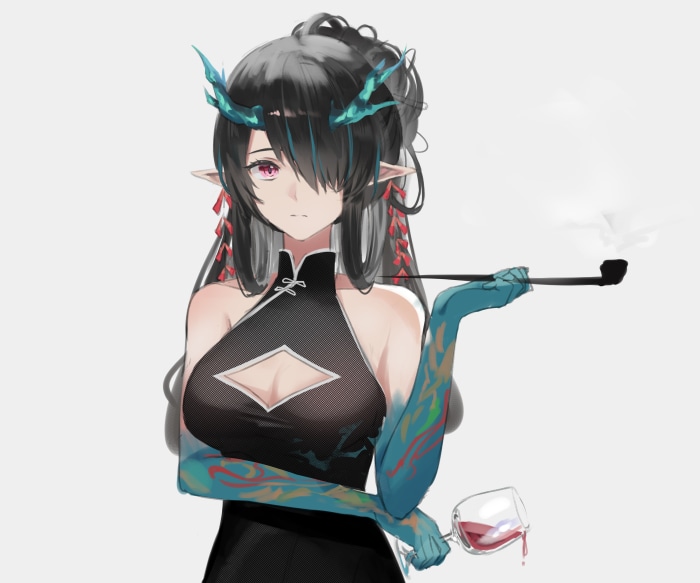Dusk from Arknights smoking a pipe