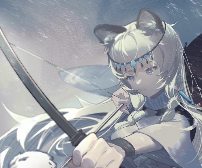 Pramanix from Arknights aiming a bow