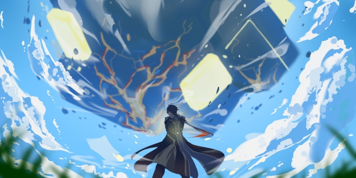 Zhongli from Genshin Impact facing a giant cube
