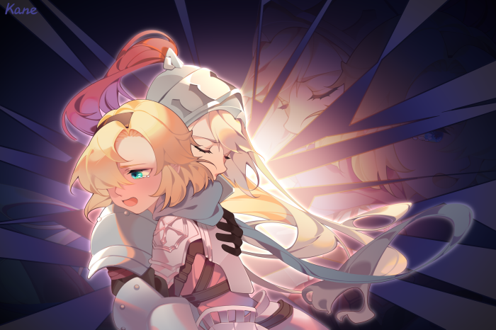 Knight from Guardian Tales embracing another character