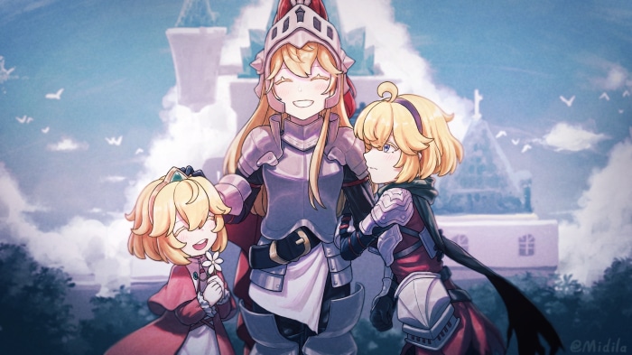 Knight with two blonde girls in front of a castle