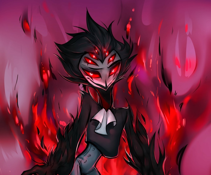 Stolas from Helluva Boss surrounded by red flames