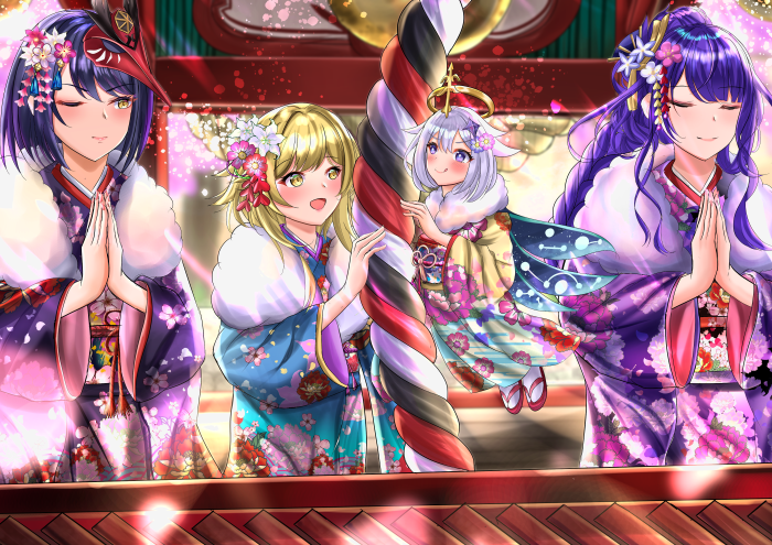Genshin Impact: Lumine, Kujou Sara, Paimon, and Raiden Shogun in Kimonos