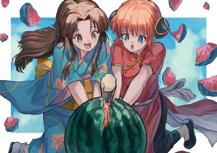 Kagura and Tokugawa Soyo breaking a watermelon