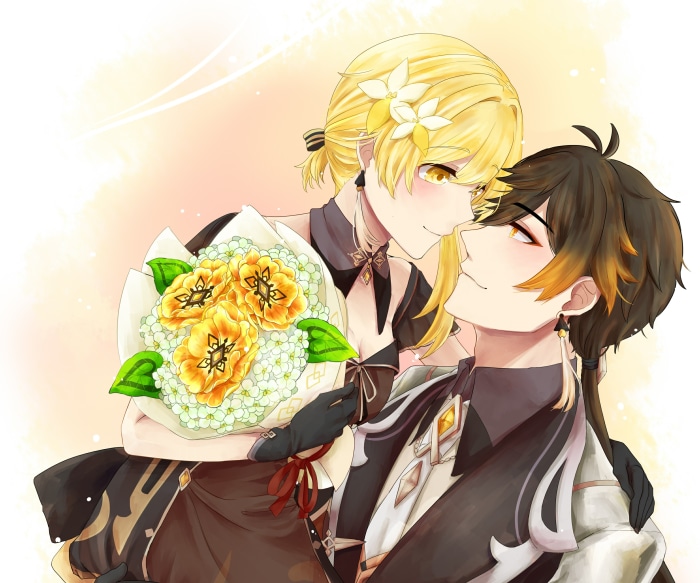 Lumine and Zhongli from Genshin Impact with flowers