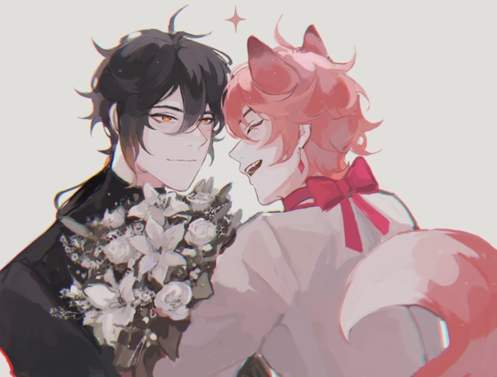 Zhongli and Tartaglia from Genshin Impact with flowers