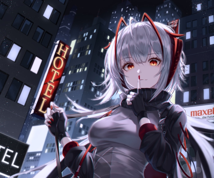 W from Arknights in a city at night