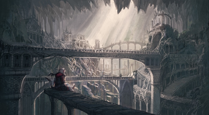 W from Arknights in a dark fantasy city