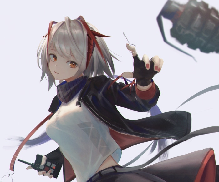 W from Arknights holding a grenade