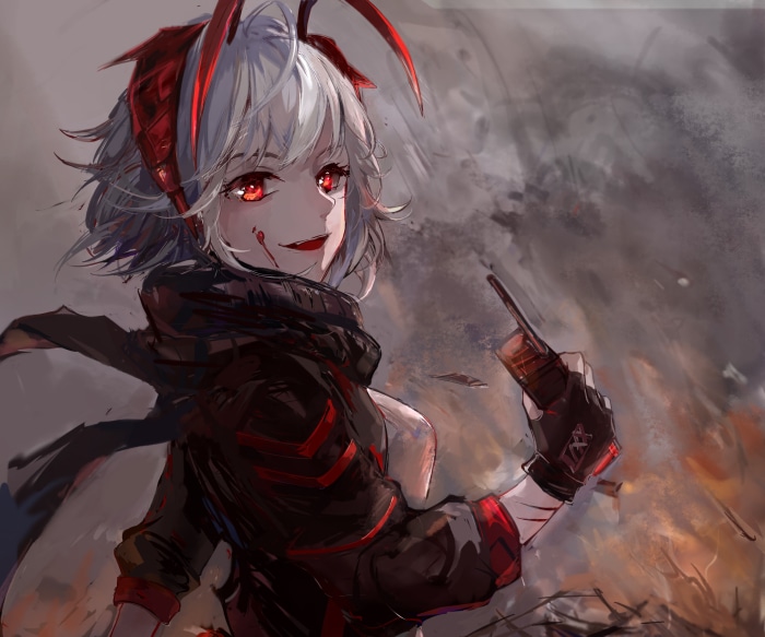 W from Arknights holding a radio