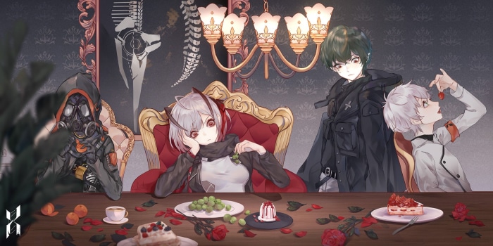 Arknights characters Faust, Mephisto, Skullshatterer, and W at a table