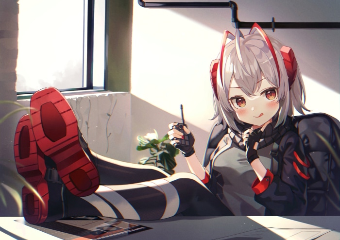 W from Arknights sitting with feet up