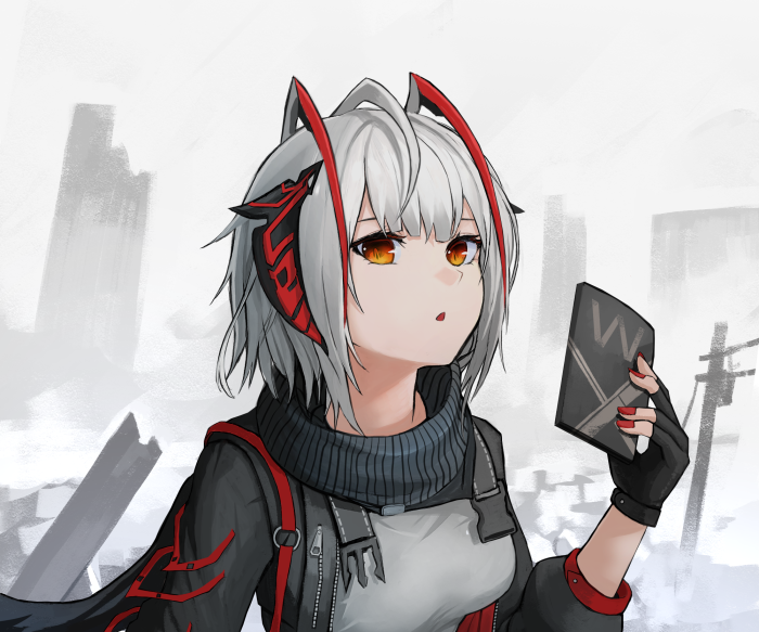 W from Arknights holding a card