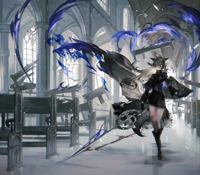 Lappland from Arknights in a ruined church