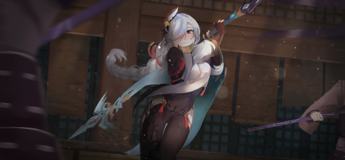 Shenhe from Genshin Impact holding a polearm
