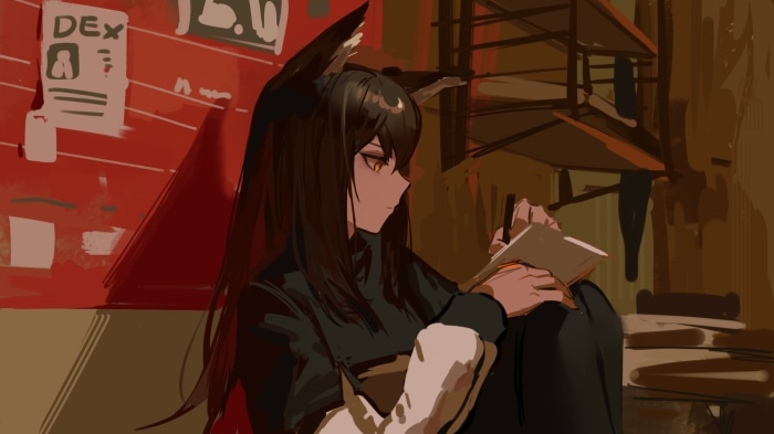 Texas from Arknights drawing in a room