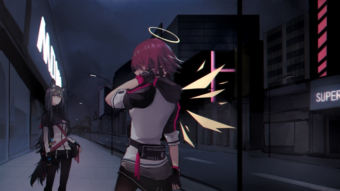 Texas from Arknights on a city street at night