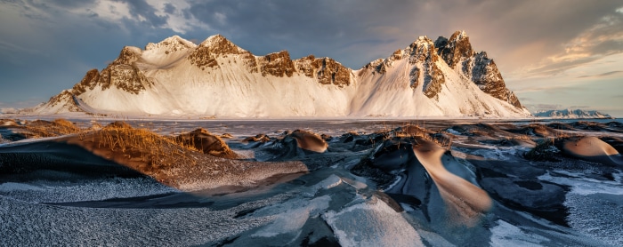 Vestrahorn mountain range in Iceland during winter