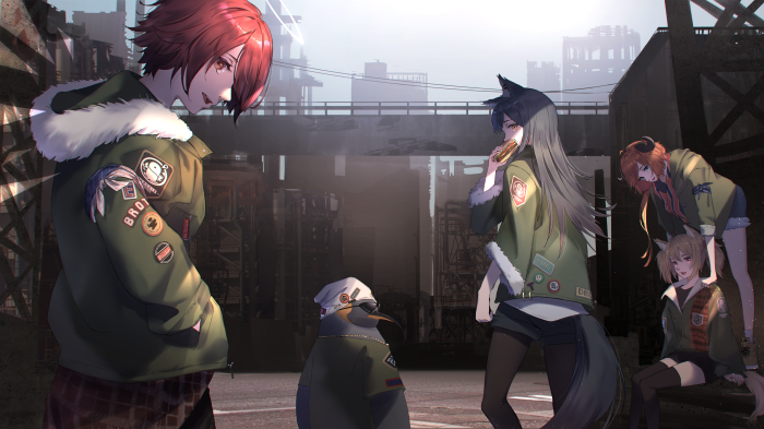 Arknights characters in a post-apocalyptic urban setting