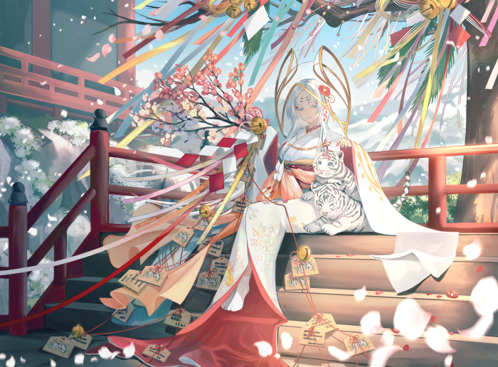 Girl in Kimono with White Tigers