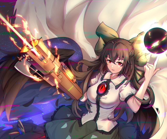 Utsuho Reiuji from Touhou Project holding a gun