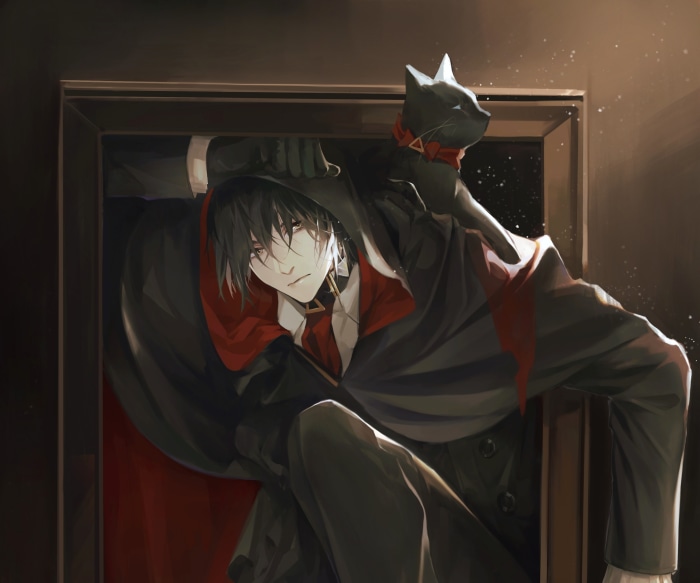 Phantom from Arknights with a cat