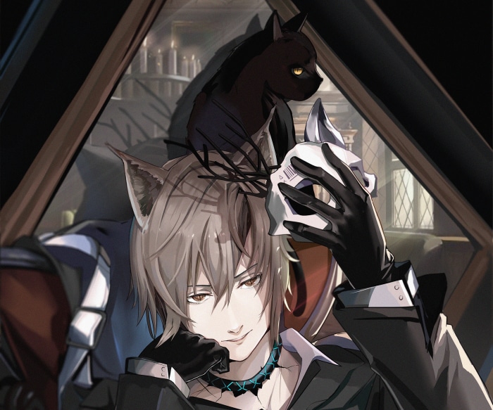 Phantom from Arknights with a cat and mask