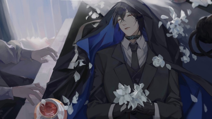 Phantom from Arknights lying down with flowers