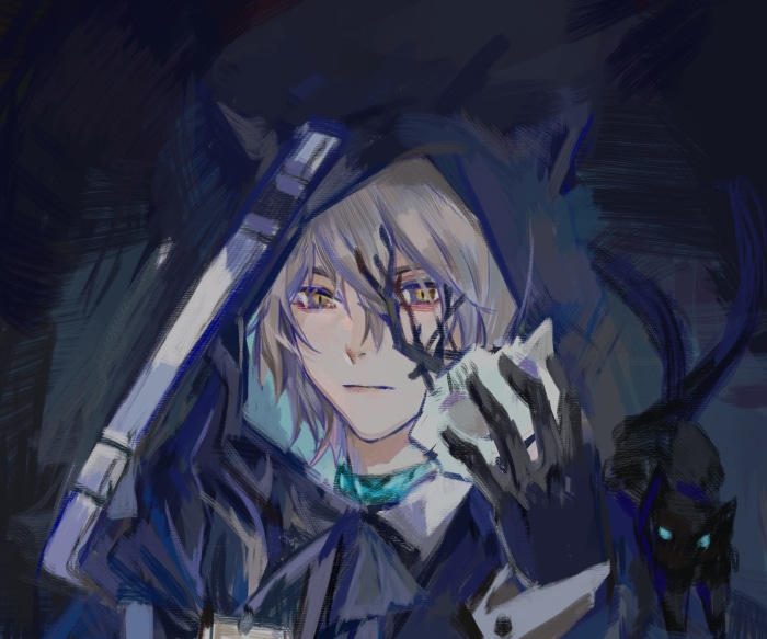 Phantom from Arknights with a black cat